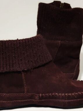 MINNETONKA Womens 6.5 Brown Suede Leather Sweater Knit Foldover Zip Booties